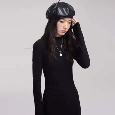 尔给裙子女秋冬季2023新款半高领显瘦长袖针织连衣裙高级感小黑裙图片