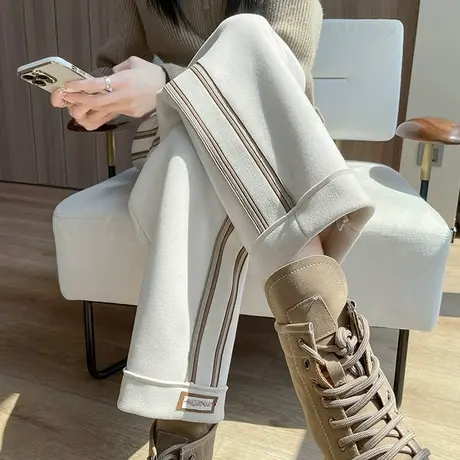 毛呢阔腿裤女秋冬季2024新款加绒加厚休闲呢子高腰九分宽松直筒裤商品大图