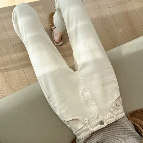 米白色加绒牛仔裤女春秋季新款宽松直筒小个子显瘦九分烟管裤子商品大图