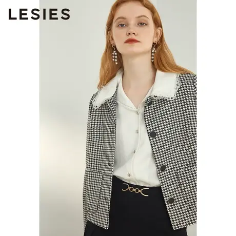 LESIES蓝色倾情春秋女装新款格子花边翻领长袖单排扣短款外套图片