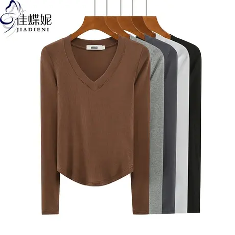 春秋新款韩版V领下摆圆弧纯色螺纹修身纯棉长袖体恤上衣内搭女装商品大图