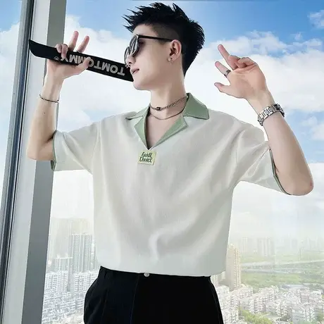 夏季时尚潮牌薄款短袖polo衫撞色拼接设计感简约潮男半袖上衣t恤商品大图