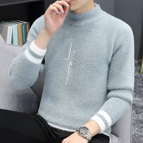青少年学生半高领毛衣男士潮流个性百搭休闲撞色提花水貂绒毛线衣商品大图