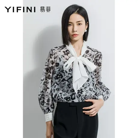 Yifini/易菲大飘带宽松衬衫女2023春秋新款黑白印花上衣休闲衬衣商品大图