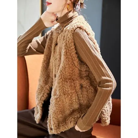 宝诗黎圆领羊羔毛马甲背心女秋季时尚纯色外搭无袖外套2025年新款商品大图