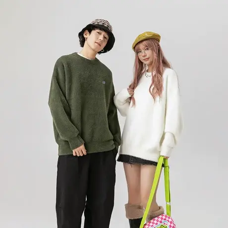 套头圆领慵懒风毛衣女秋冬2023新款潮牌情侣装上衣复古宽松针织衫商品大图