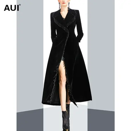 高端气质长款修身丝绒风衣女冬2022新款黑色流苏垂感洋气大衣外套图片