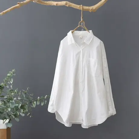 文艺范纯棉纯色白衬衫女长袖设计感小众打底衫衬衣春秋上衣女装潮商品大图