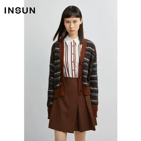 INSUN恩裳秋季多色复古条纹毛织衫开衫商品大图