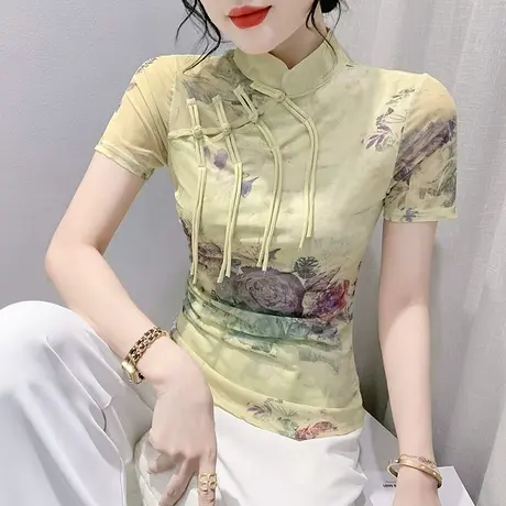 高级感复古上衣女短袖2024夏装新款立领盘扣气质T恤修身网纱小衫图片