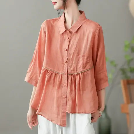 dza 复古拼接苎麻衬衫女2023夏薄款白色衬衣宽松显瘦棉麻开衫上衣商品大图