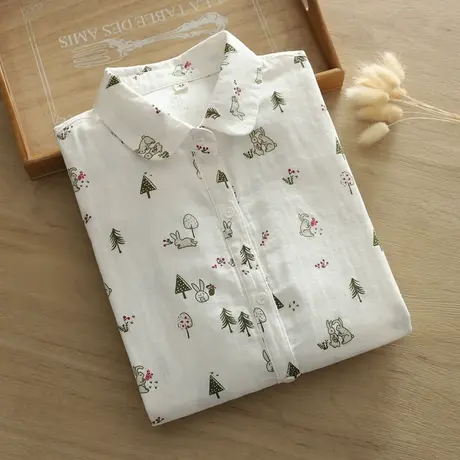 春秋日系文艺小清新碎花印花双层棉纱长袖衬衫女学生宽松打底上衣商品大图