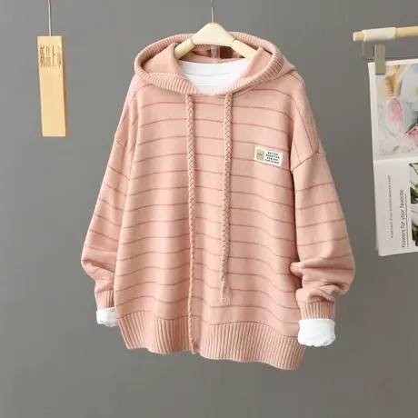 粉色今年流行漂亮连帽毛衣外套女秋冬季2024新款慵懒风针织衫上衣图片
