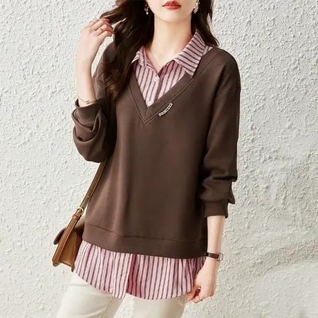 假两件Polo领卫衣女春秋夏季宽松加大码女装胖MM减龄百搭长袖上衣商品大图