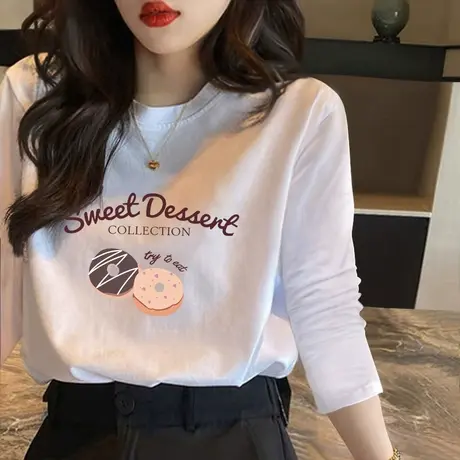 网红T恤女甜甜圈印花长袖宽松上衣2022年秋装纯棉打底外穿基础款商品大图