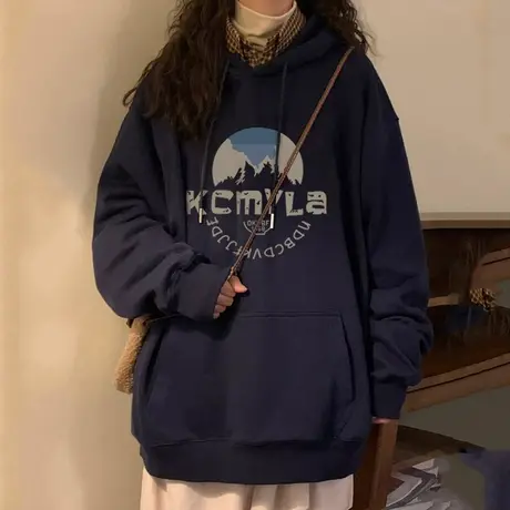 美式复古连帽卫衣拉链外套女春秋2024新款学生爆款国潮加绒慵懒风商品大图