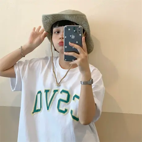红续oversize发泡立体字母短袖T恤女小众设计感夏季新款韩版休闲图片