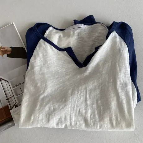 质感竹节棉长袖t恤女2023夏装新款韩版薄款插肩V领防晒上衣打底衫图片