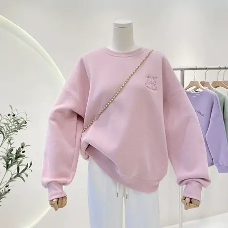 韩版秋冬百搭减龄宽松加绒加厚卡通图案刺绣圆领套头卫衣女上衣商品大图
