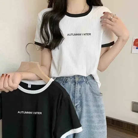 甜飒风正肩T恤女短袖夏季短款宽松半袖打底小衫别致小上衣ins显瘦商品大图