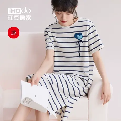 睡裙女夏季红豆居家服凉感短袖2023新款条纹可外穿大码柔软棉睡衣商品大图
