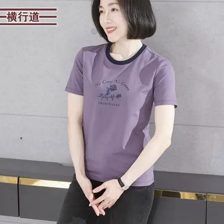 2025夏季新款胖MM妈妈装简约休闲短袖T恤女大码印花上衣圆领外穿图片