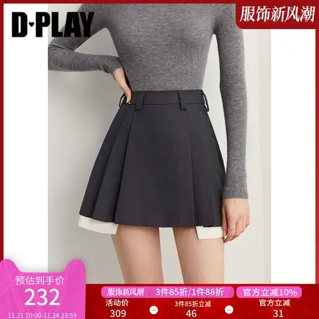 DPLAY春新学院风花灰色设计感撞色防走光裤里高腰百褶半身裙图片