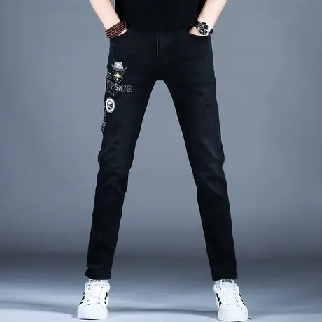 男士新款牛仔裤男潮牌秋冬黑色时尚烫钻修身破洞小脚裤子美式高街商品大图