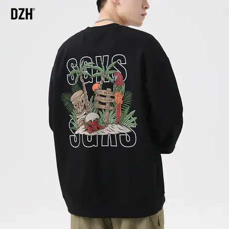 男士美式休闲圆领卫衣男潮牌印花宽松套头上衣2023新款情侣装外套商品大图