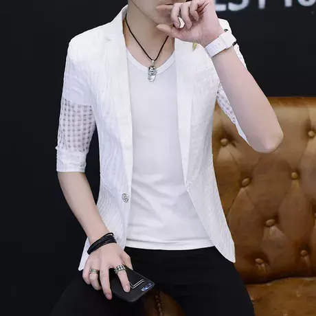 夏季韩版修身短袖小西服单件青年男英伦七分袖中袖西装外套礼服男商品大图