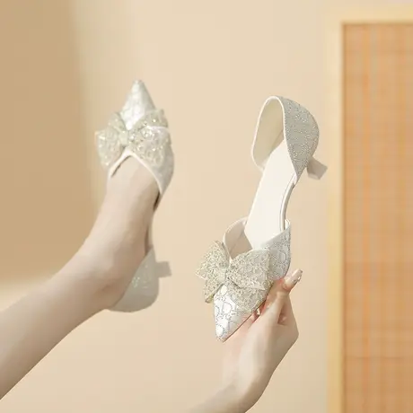 2024新款蝴蝶结中空尖头单鞋气质名媛网红法式高跟鞋女细跟图片