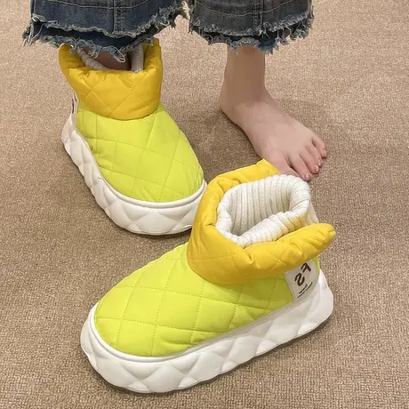 女冬季棉拖鞋羽绒布防水时尚外穿加绒保暖雪地靴厚底高帮包跟棉鞋图片