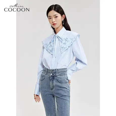 missCOCOON法式条纹衬衫女2023新款春季刺绣设计感洋气大翻领上衣商品大图