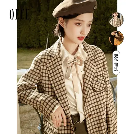 Oece复古格子毛呢西装冬新款女毛双面呢子大衣外套商品大图