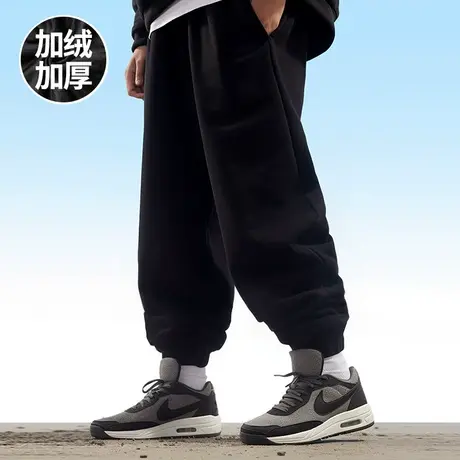 秋冬款男士纯棉卫裤加绒薄款休闲加肥加大码纯色宽松运动裤长裤男商品大图