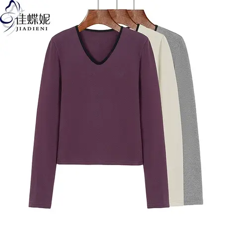 春秋新款V领宽松纯棉撞色拼接休闲韩版长袖体恤上衣女打底衫图片