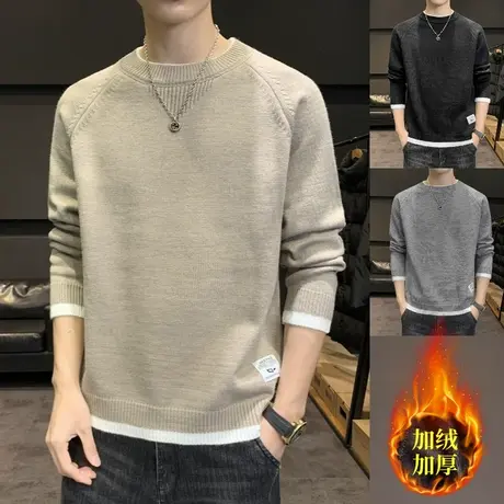 男士毛衣春秋季纯黑白色宽松加绒加厚圆领针织衫韩版休闲百搭打底商品大图