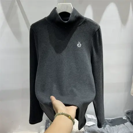 欧货宽松洋气字母刺绣半高领双面德绒T恤女秋冬季内搭打底衫上衣商品大图