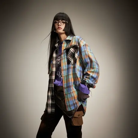 复古潮牌设计感拼接格子衬衫女2024年春季新款情侣装宽松小众衬衣商品大图