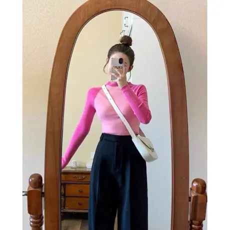 韩系chic正肩撞色长袖t恤女2024新款秋冬内搭德绒打底衫短款上衣商品大图