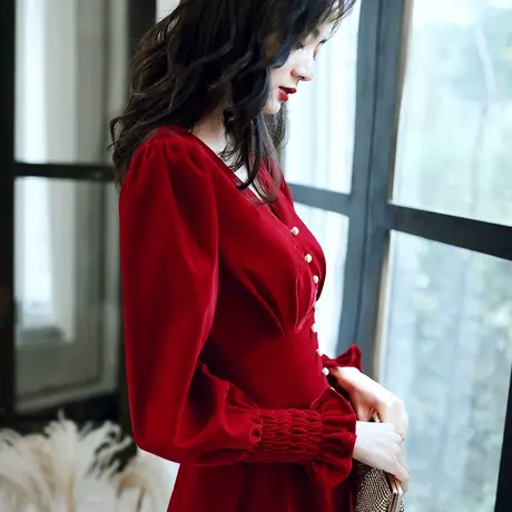 敬酒服新娘2023新款冬季酒红色长袖丝绒礼服女平时可穿v领中长款商品大图