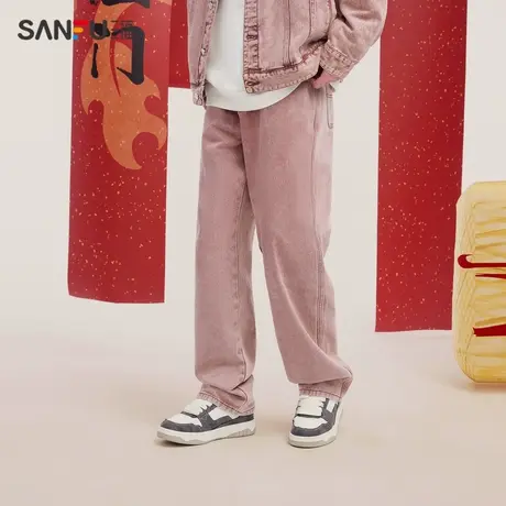 三福2024春季男士粉红牛仔裤 潮流个性宽松直筒长裤男482367商品大图