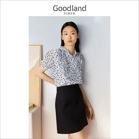 Goodland美地女装2023夏季短袖碎花蕾丝衬衫压褶木耳花边上衣商品大图