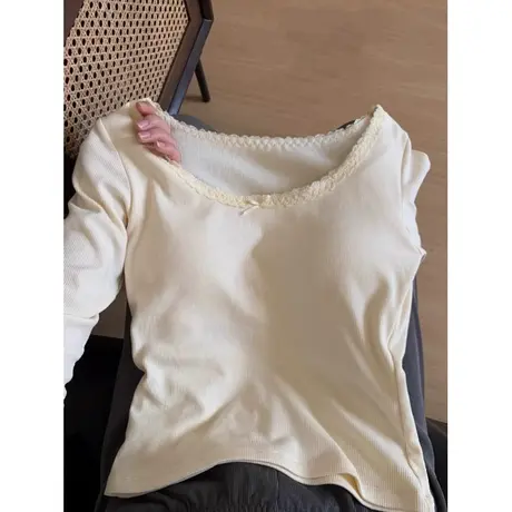 法式纯欲风蕾丝边长袖T恤女春秋修身短款带胸垫打底衫上衣服ins潮商品大图
