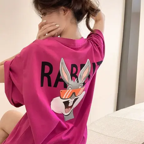 火龙果色纯棉短袖t恤女ins国潮中长款春季兔子宽松圆领上衣夏半袖商品大图