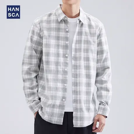 hansca 美式格子衬衫男长袖ins潮青少年秋季宽松复古休闲纯棉外套商品大图