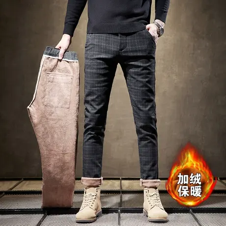 2023秋冬新款男士加绒加厚休闲裤修身直筒潮流格子长裤小脚裤裤子图片