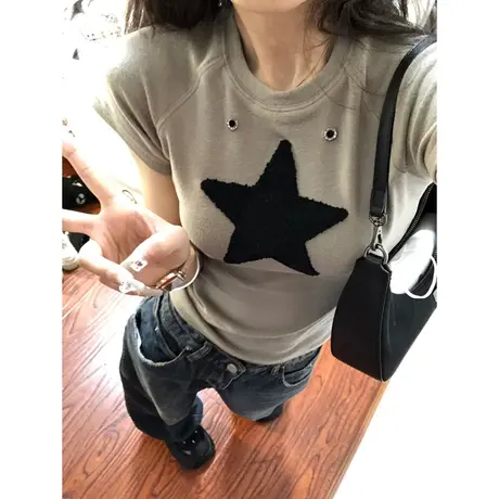 ins超火辣妹短款半袖T恤女夏季百搭修身显瘦韩版毛巾绣上衣短袖潮商品大图