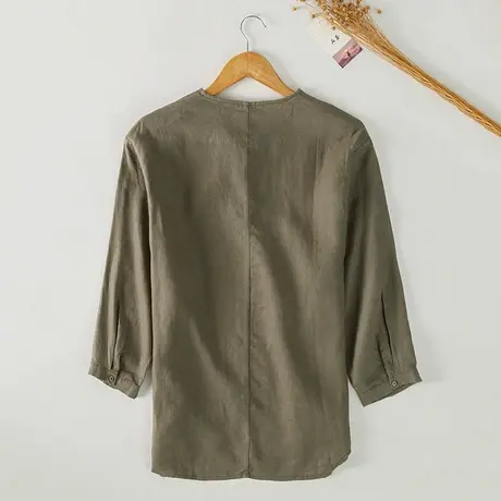 亚麻休闲衬衫男2024春季新款宽松男士中式复古七分袖套头圆领衬衣商品大图