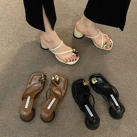 套趾拖鞋女外穿2024夏季新款时尚百搭复古中跟交叉带沙滩罗马凉鞋商品大图